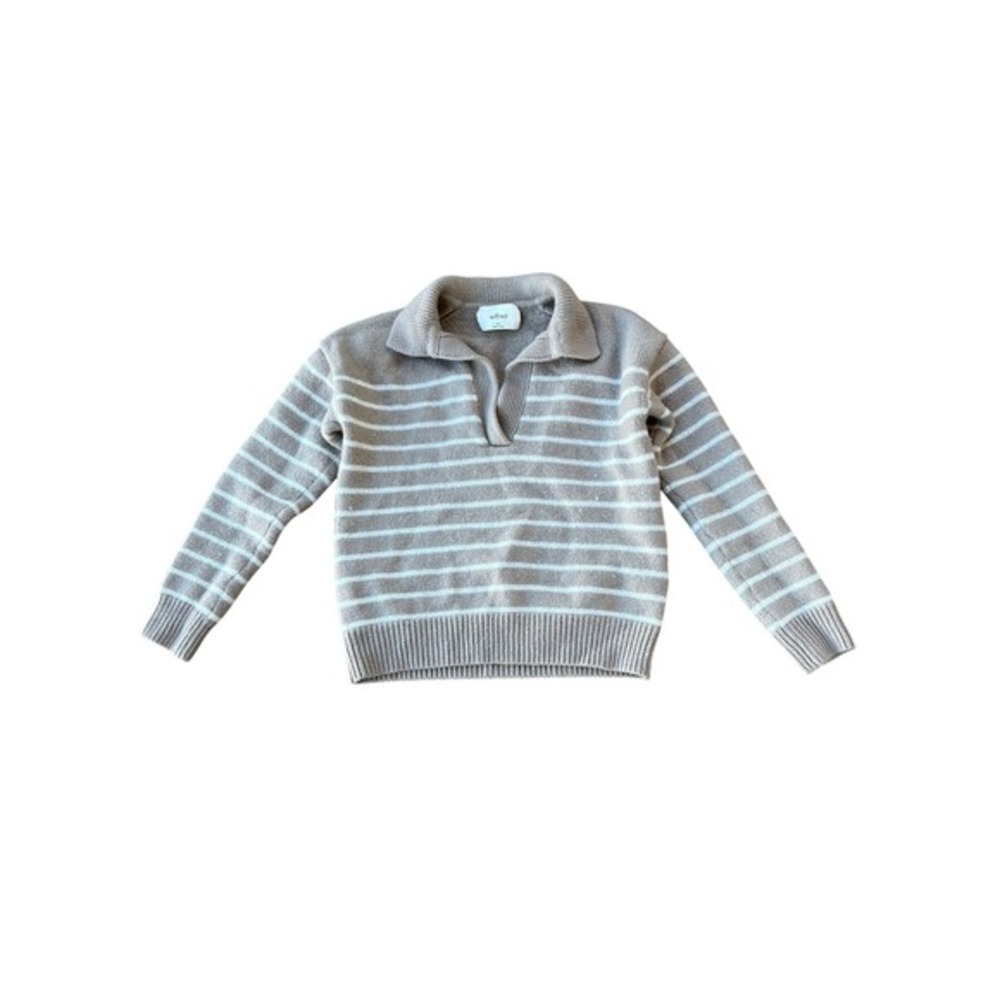 Aritzia Wilfred Clara‎ Merino Wool Polo Sweater 2XS Striped Taupe Coastal Prep